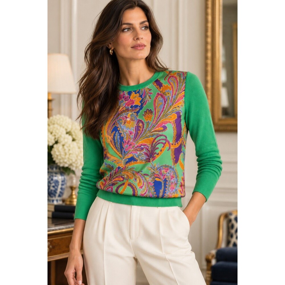 Ralph Lauren Black Label Womens S Cashmere Silk Paisley Sweater Green LuxuryTop